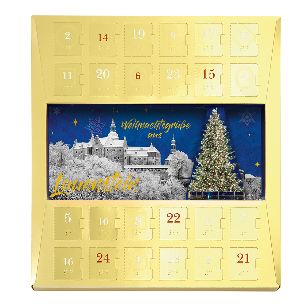 Goldener Lauensteiner Adventskalender mit verschneitem Burg-Motiv und Brailleschrift
