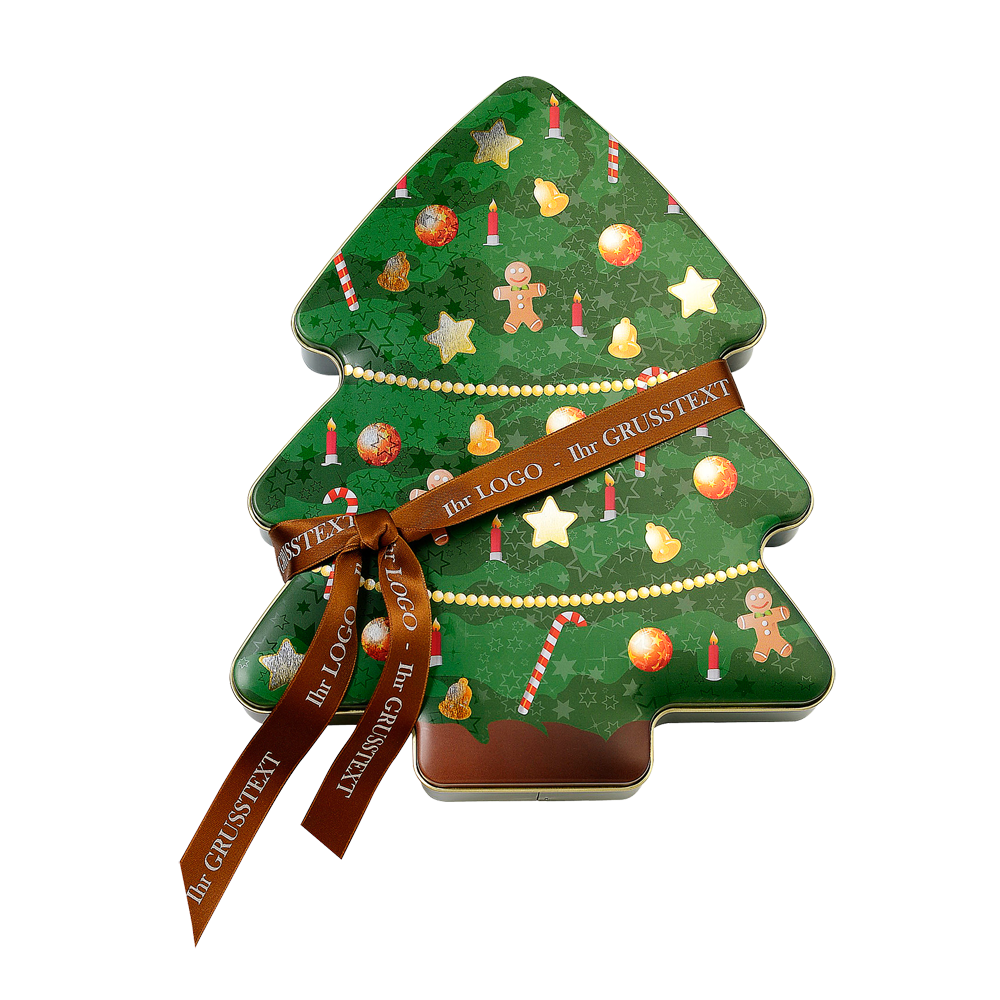 Dose mit personalisierter Geschenkschleife, bedruckbar mit Logo und individuellem Grußtext