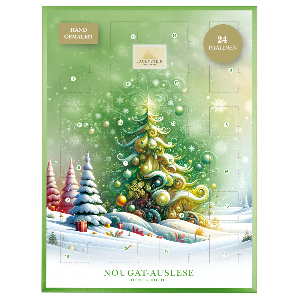 Grüner Adventskalender mit festlichem Weihnachtsbaum, verschneiter Winterlandschaft und 24 Türchen