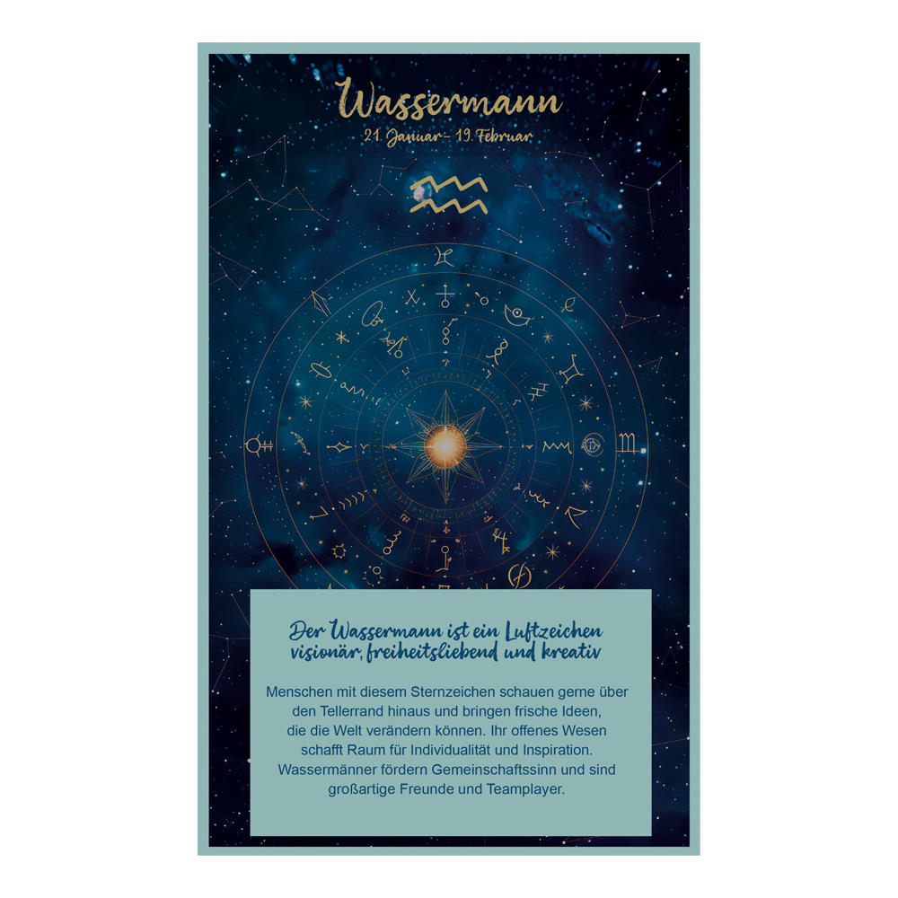 Rückseite der Infokarte mit astrologischen Symbolen und Eigenschaften als Fließtext