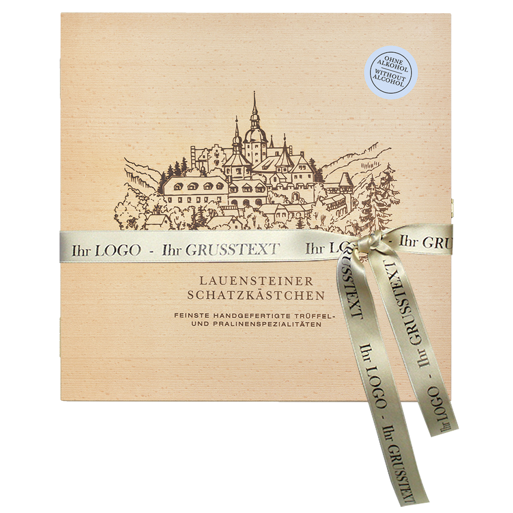 Holzkästchen mit Burg Lauenstein-Motiv und Aufkleber mit dem Hinweis alkoholfrei, sowie einer personalisierten Schleife mit Grußtext und Logo