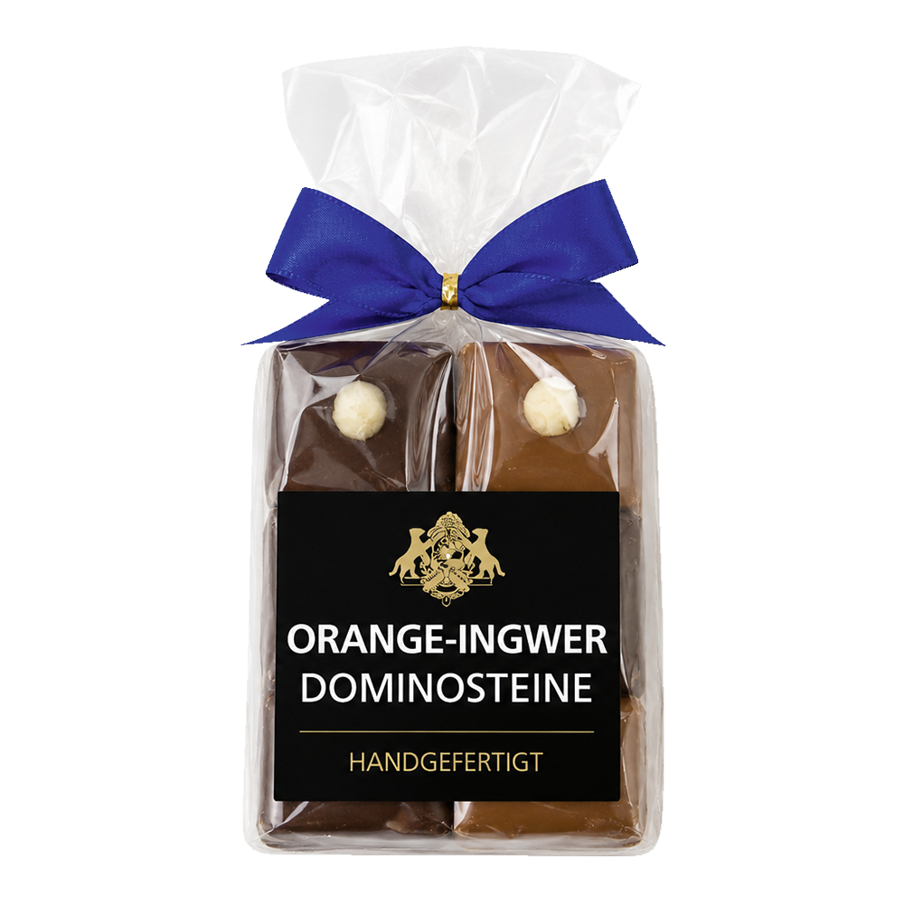 Handgefertigte Orange-Ingwer Dominosteine (vollmilch & zartbitter) in Klarsichttüte mit blauer Schleife