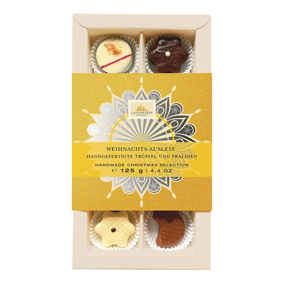 Lauensteiner Weihnachts-Klarsichtpräesent 125g mit goldener Banderole und 10 handgefertigten Pralinen und Trüffeln