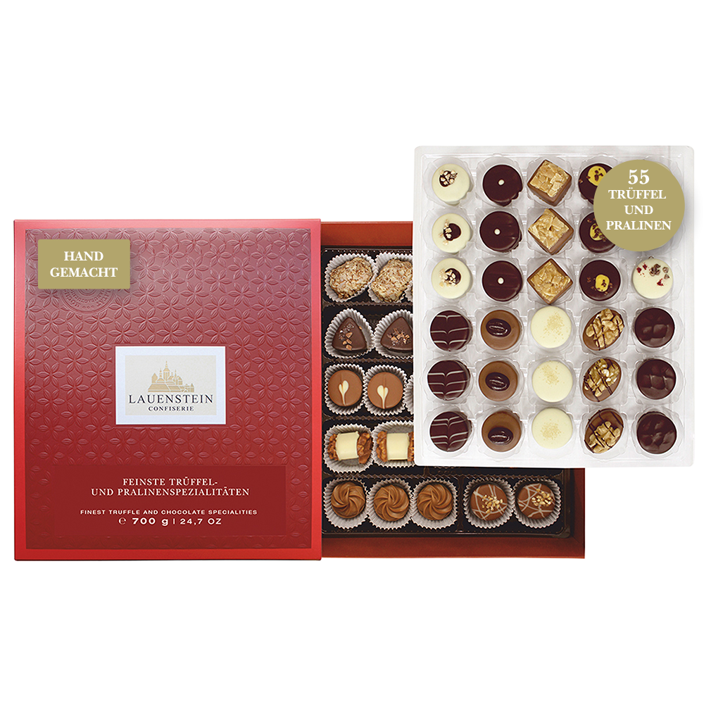 Handgemachte Lauensteiner Trüffel und Pralinen in geöffneter roter Geschenkbox mit 55 Pralinen auf zwei Lagen