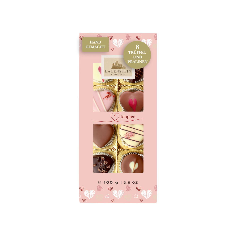 Lauensteiner rosa Pralinenschachtel Herzklopfen mit Sichtfenster auf acht edle Herz-Pralinen
