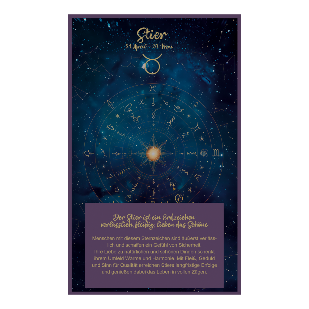Rückseite der Infokarte mit astrologischen Symbolen und Eigenschaften als Fließtext