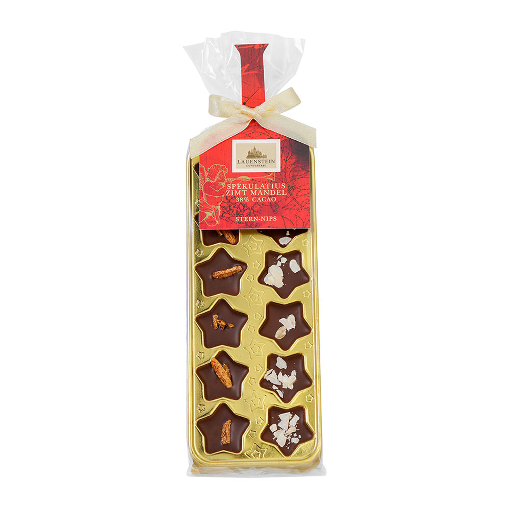 Sternförmige Schokoladen-Nips von Lauenstein mit Spekulatius und Zimt-Mandel (38% Kakao) in goldener Geschenkverpackung mit Schleife
