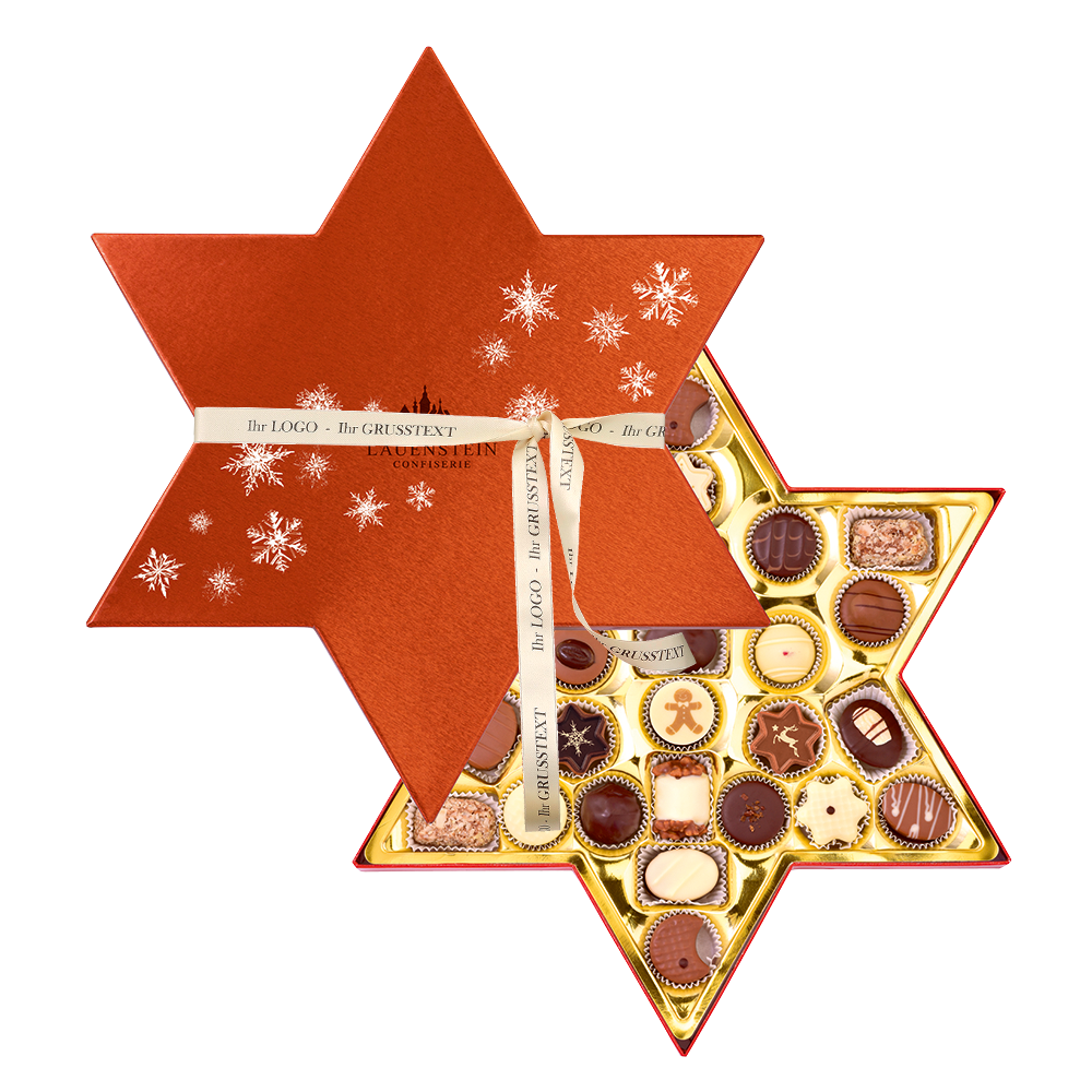 Geschenkpackung mit personalisierter Geschenkschleife, bedruckbar mit Logo und individuellem Grußtext