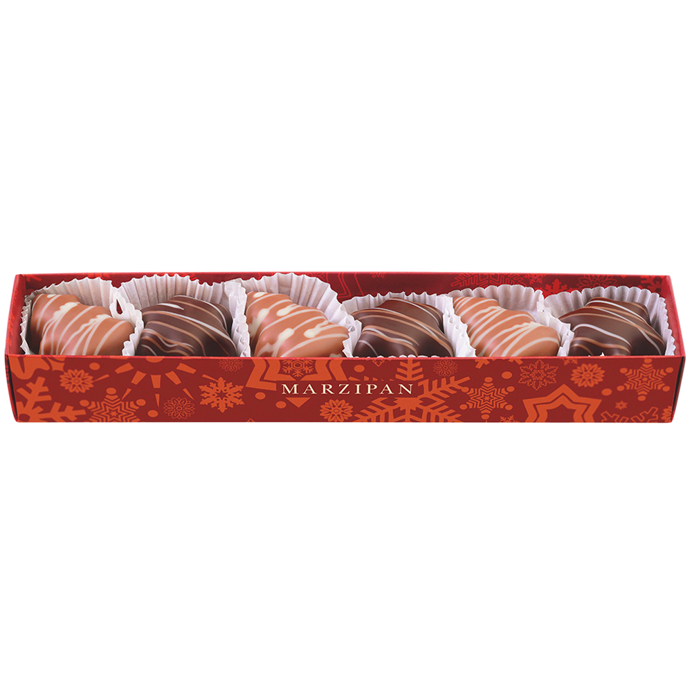 Rote Pralinenstange mit weihnachtlichen Motiven, Klarsichtdeckel, drei Pistazien-Marzipan-Sternen und drei Pistazien-Marzipan-Tannenbäumen