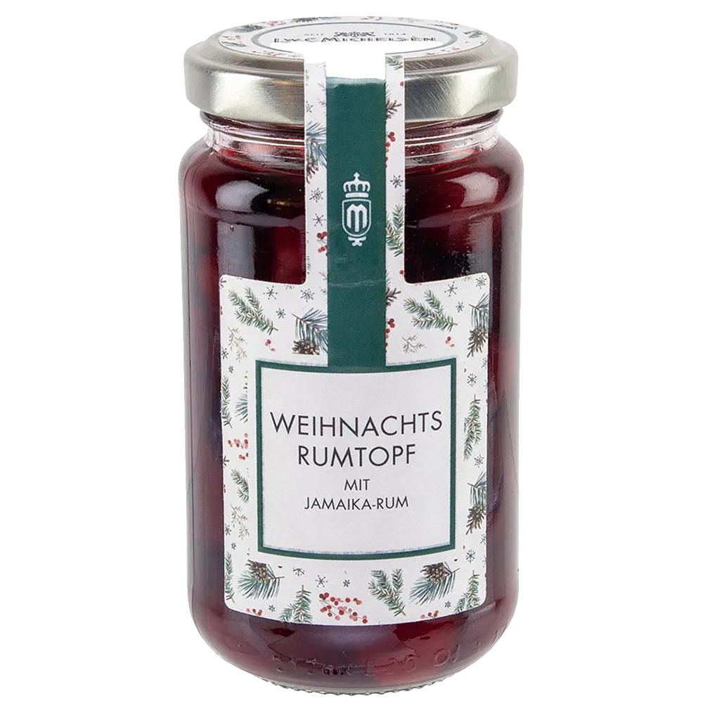 L.W. C. Michelsen Weihnachts-Rumtopf mit Jamaika-Rum im Glas mit festlichem Etikett und winterlichem Tannenzweig-Muster
