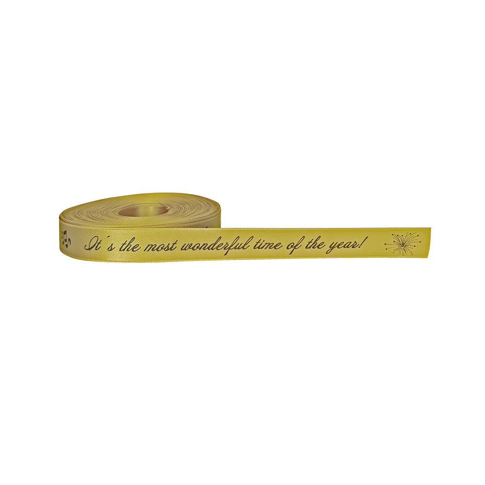 Goldfarbenes Geschenkband mit der englischen Aufschrift Its the most wonderful time of the year