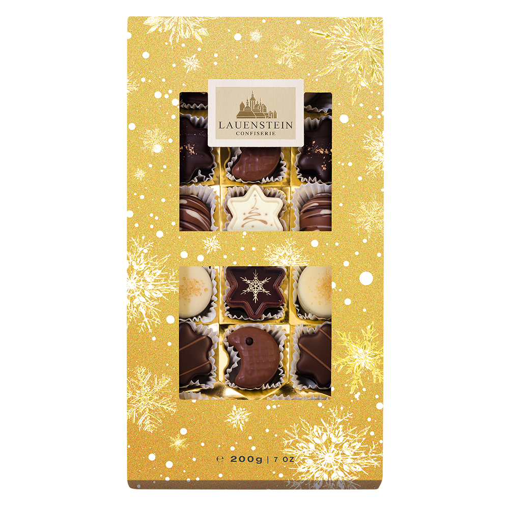 Lauensteiner Pralinenschachtel Weihnachts-Auslese in Gold mit Schneeflocken und 16 sichtbaren Pralinen