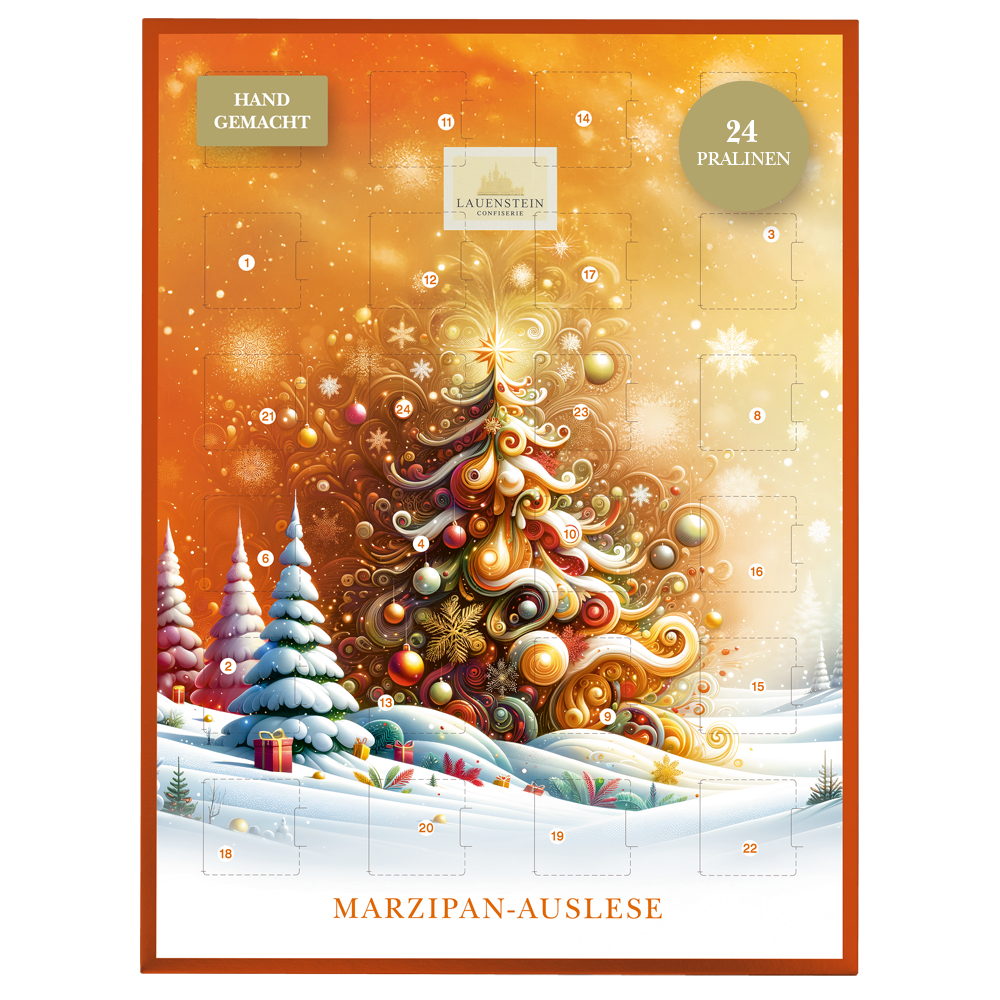 Orangefarbener Adventskalender mit festlichem Weihnachtsbaum, verschneiter Winterlandschaft und 24 Türchen