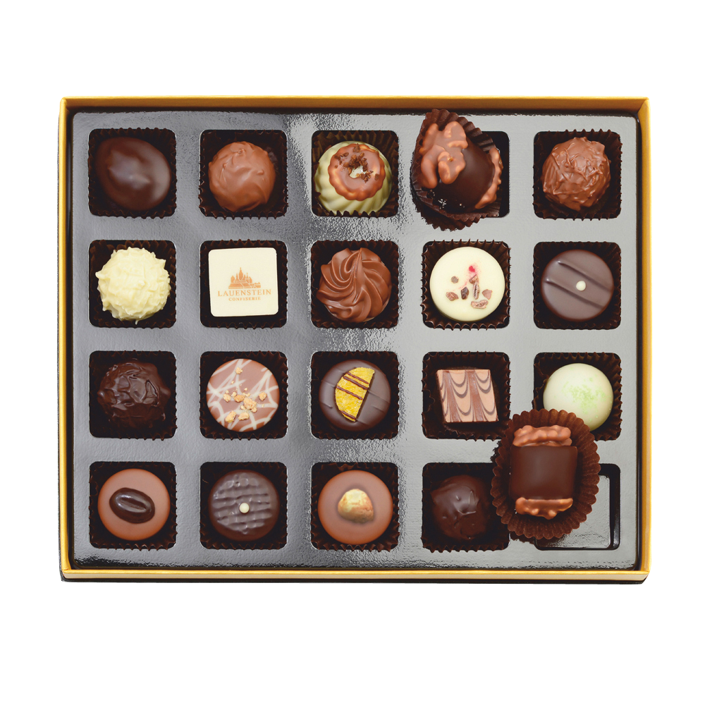 Schwarze Pralineneinlage mit 20 dekorierten Pralinen