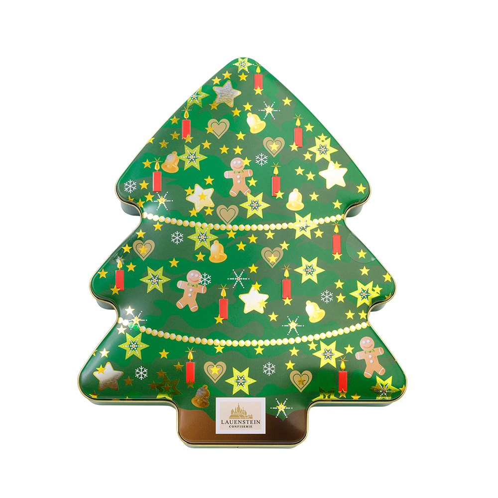 grüne Metalldose in bunt geschmückter Tannenbaum-Optik von Lauenstein Confiserie