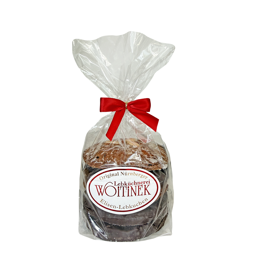 Woitinek Original Nürnberger Elisen-Lebkuchen, gemischt verpackt in transparenter Tüte mit roter Schleife