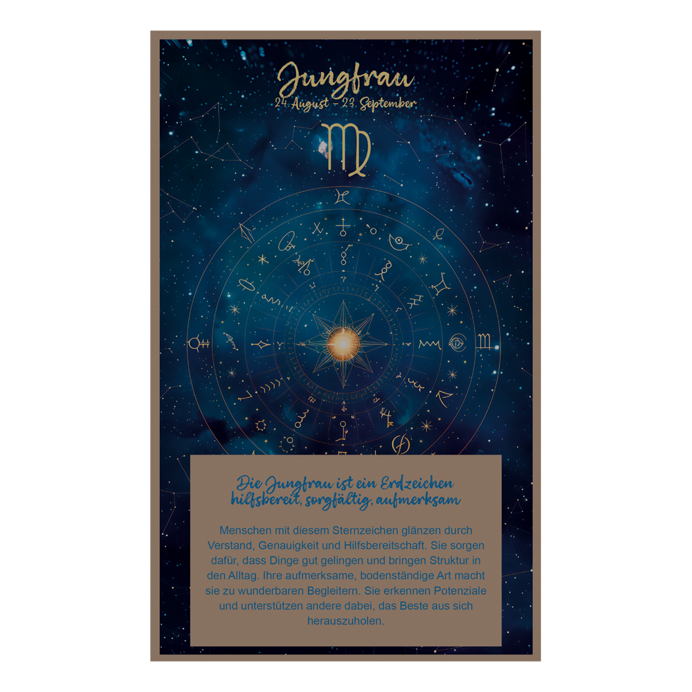 Rückseite der Infokarte mit astrologischen Symbolen und Eigenschaften als Fließtext