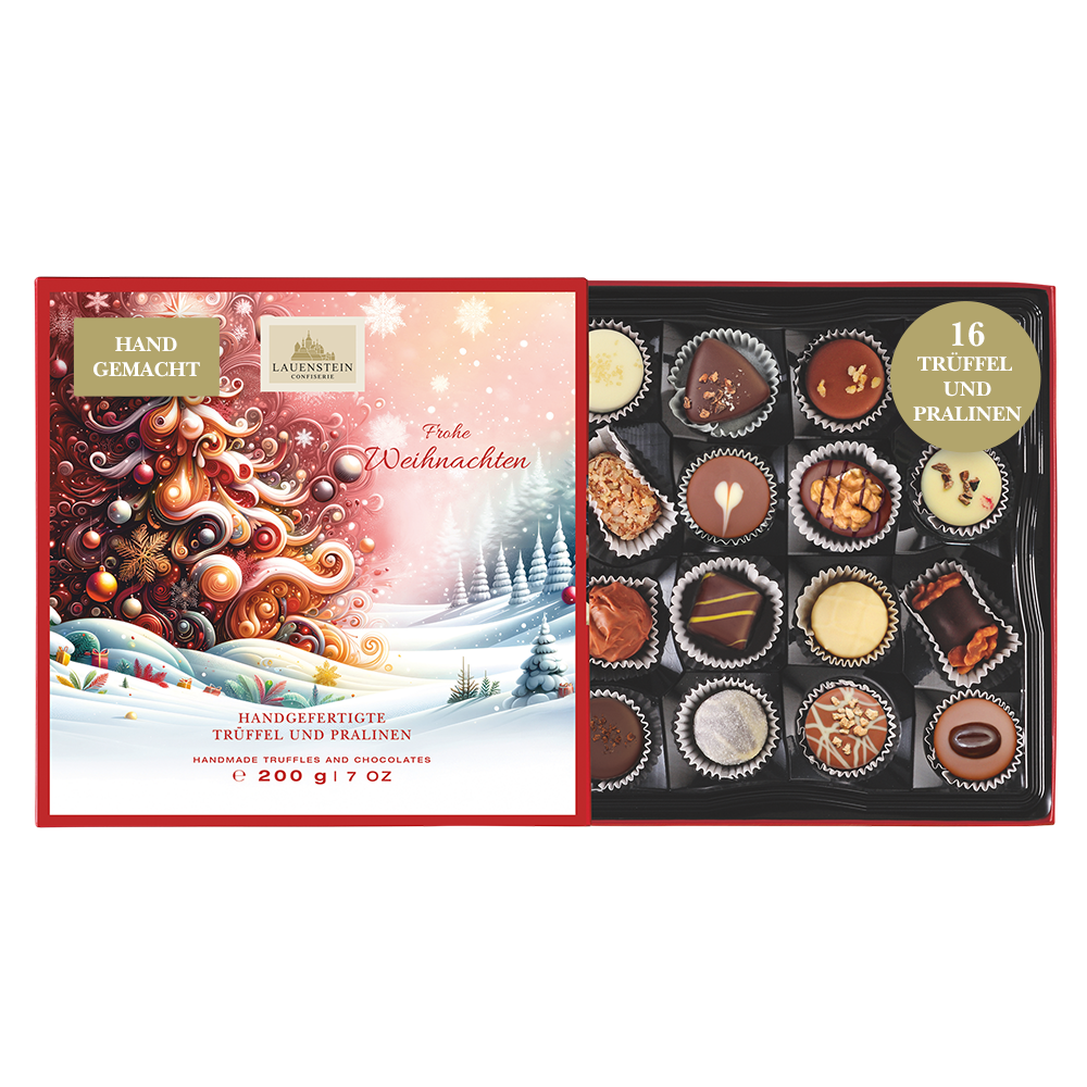 Geöffnete Lauenstein Geschenkpackung mit weihnachtlichem Einschieber und Aufschrift Frohe Weihnachten sowie 16 sortierten Pralinen
