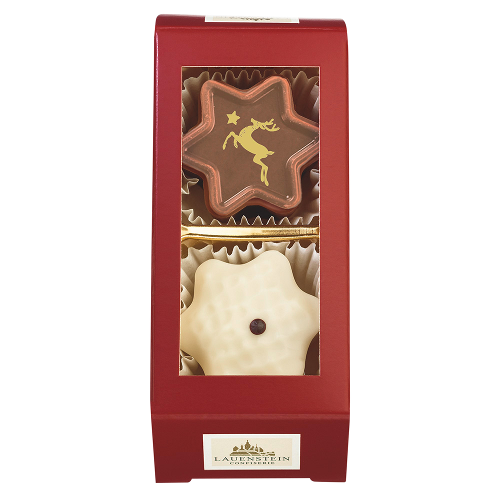 rote Lauenstein Pralinenschachtel mit Sichtfenster auf zwei unterschiedliche Weihnachtspralinen in Stern-Form