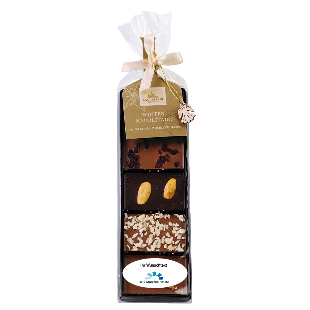 Geschenkpackung mit personalisiertem Etikett, bedruckbar mit Logo und individuellem Grußtext