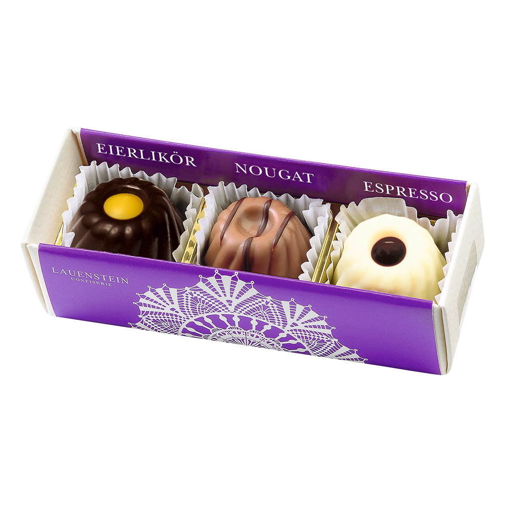 Lauenstein Pralinenstange mit drei Gugelhupf-Pralinen in den Sorten Eierlikör, Nougat und Espresso