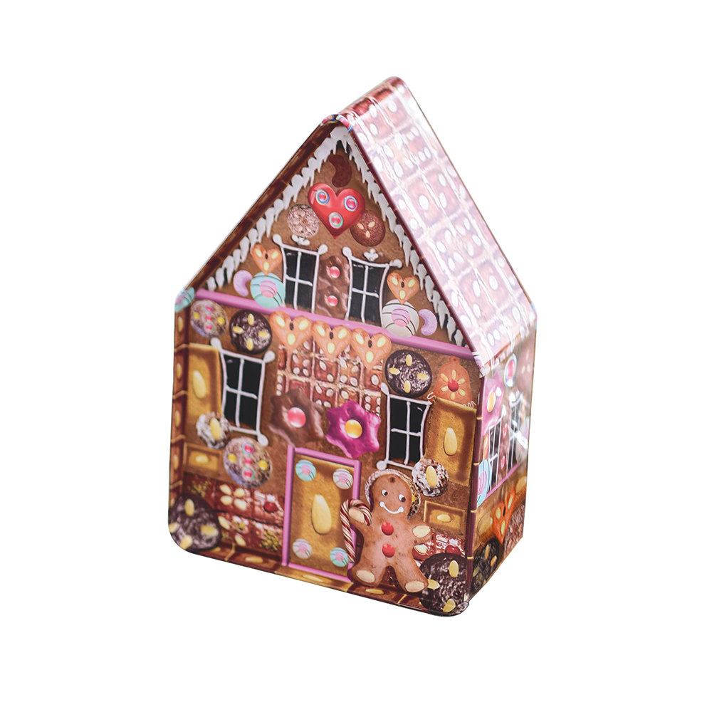 Bunte Metalldose in Form eines Lebkuchenhauses mit aufgedruckten weihnachtlichen Motiven