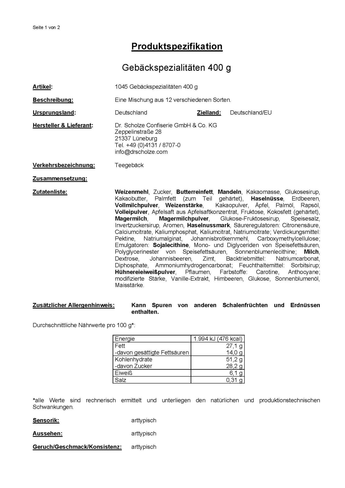 Dokument mit Zutaten und Nährwertangaben