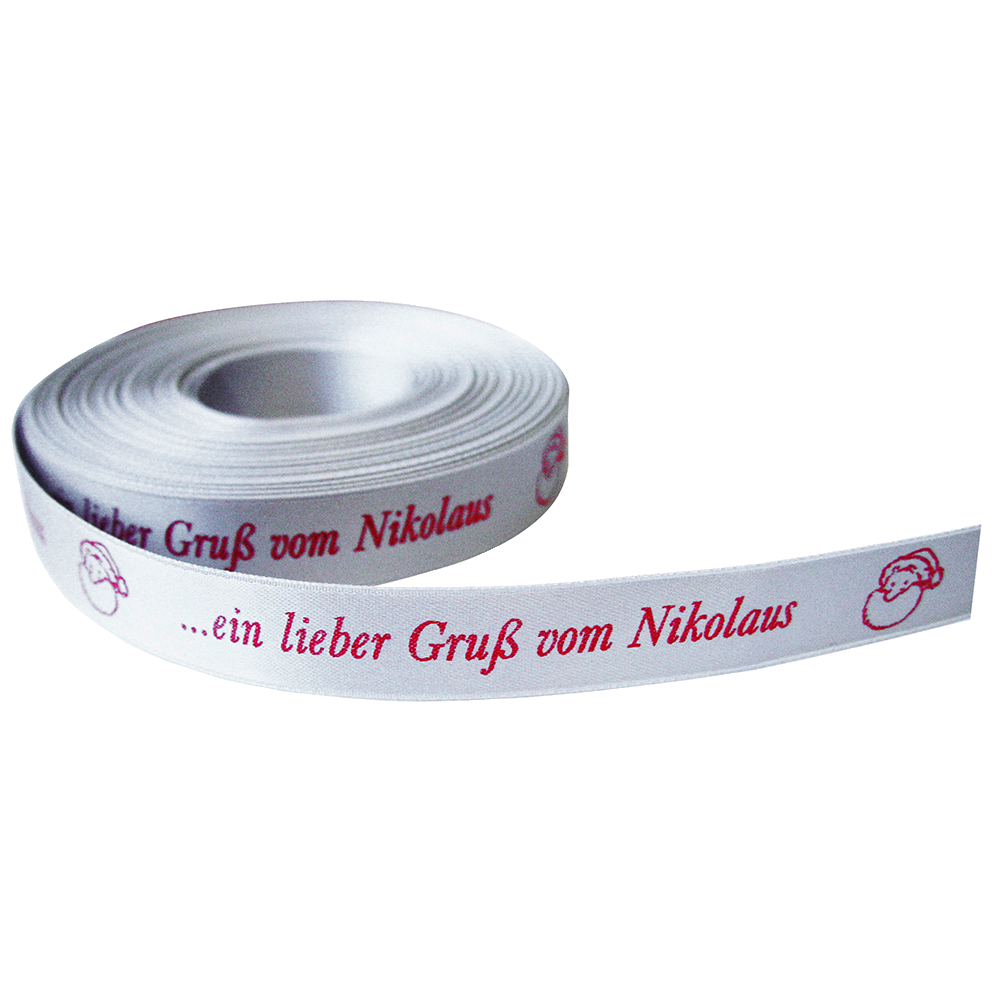silbernes Geschenkband auf Rolle mit rotem Aufdruck ein lieber Gruß vom Nikolaus