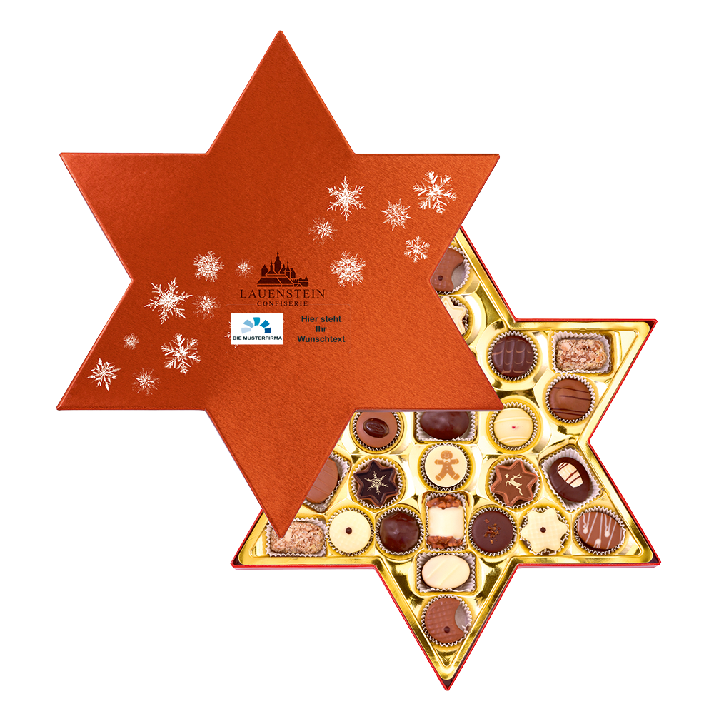 Geschenkpackung mit personalisiertem Etikett, bedruckbar mit Logo und individuellem Grußtext