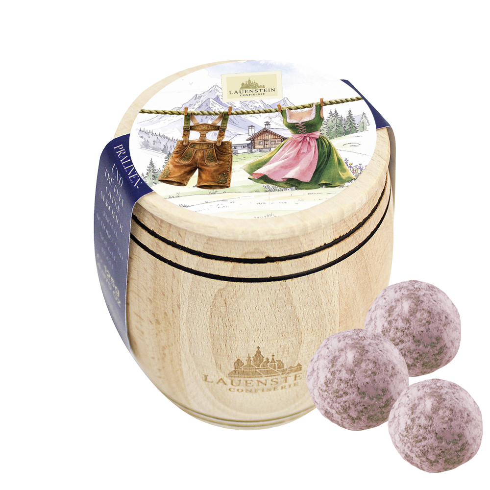 Lauensteiner Holzfässchen mit Trachten-Motiv und drei rosafarbenen Trüffeln