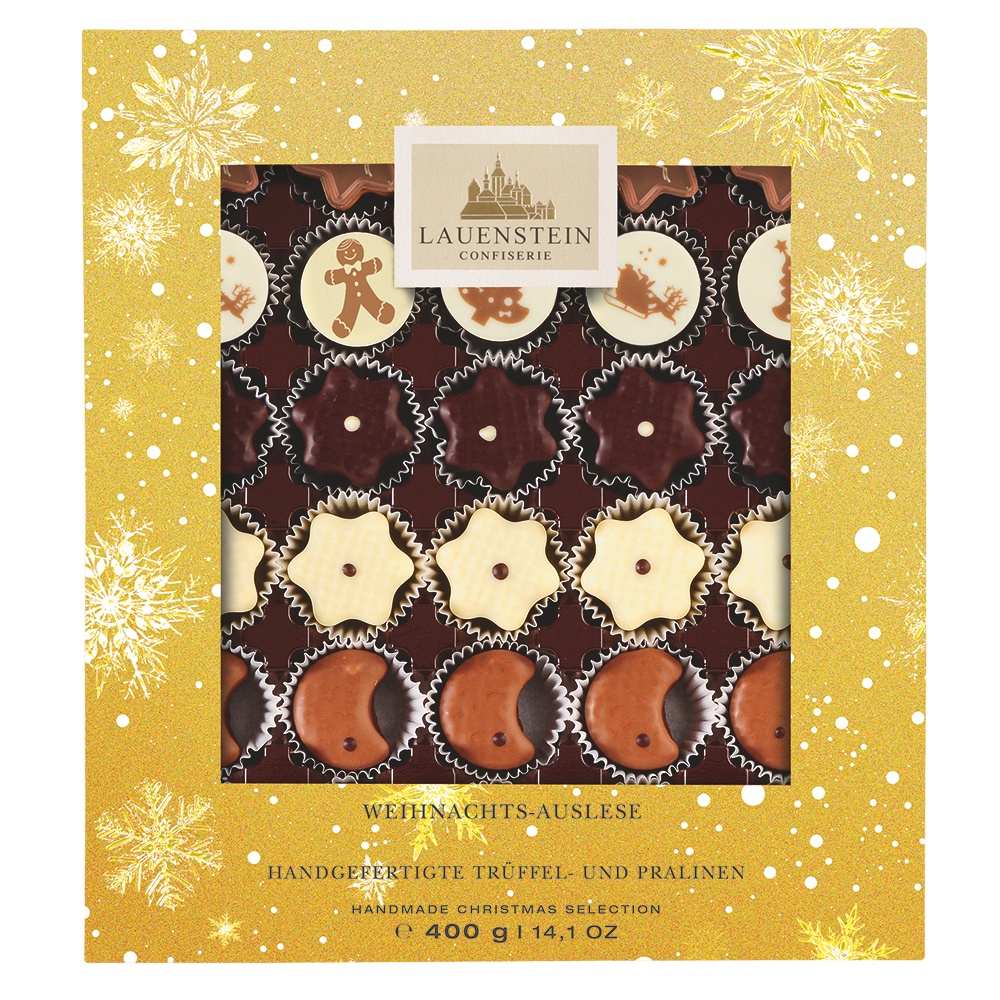 Lauensteiner Pralinenmischung Weihnachts-Auslese in goldener Box mit Sichtfenster und 30 weihnachtlichen Pralinen