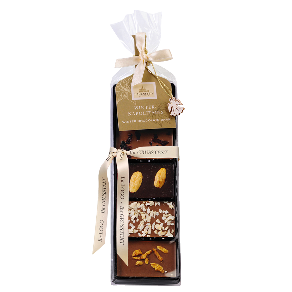 Geschenkpackung mit personalisierter Geschenkschleife, bedruckbar mit Logo und individuellem Grußtext