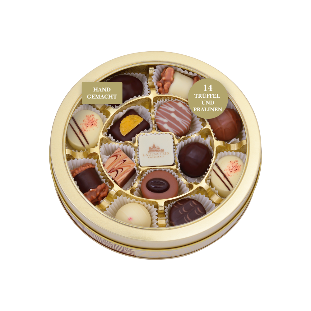 Lauenstein Runddose mit Klarsichtdeckel, der den Blick auf 14 erlesene Trüffel und Pralinen freigibt