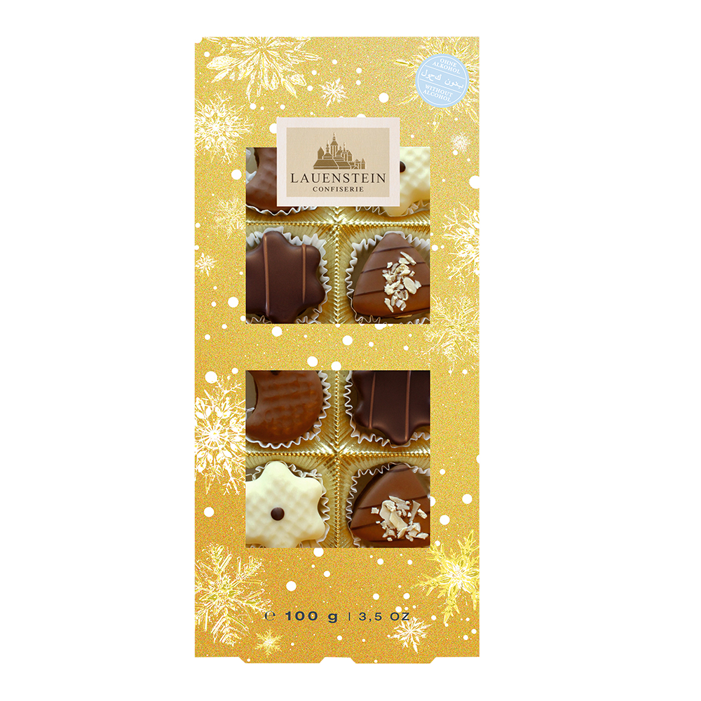 Lauensteiner Pralinenschachtel Weihnachts-Auslese in Gold mit Schneeflocken und acht sichtbaren Pralinen ohne Alkohol