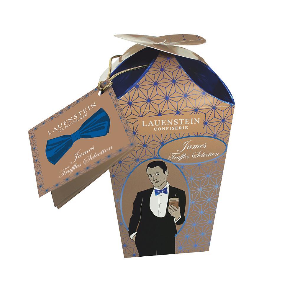 Brauner Lauenstein Cocktail-Ballotin James mit blauem Art-déco-Motiv und Anhänger