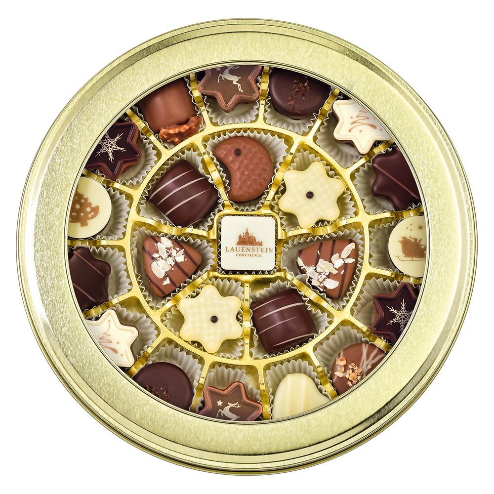 Weihnachtliche Pralinenmischung in goldener Metall-Runddose mit 23 handverzierten Pralinen und Trüffeln