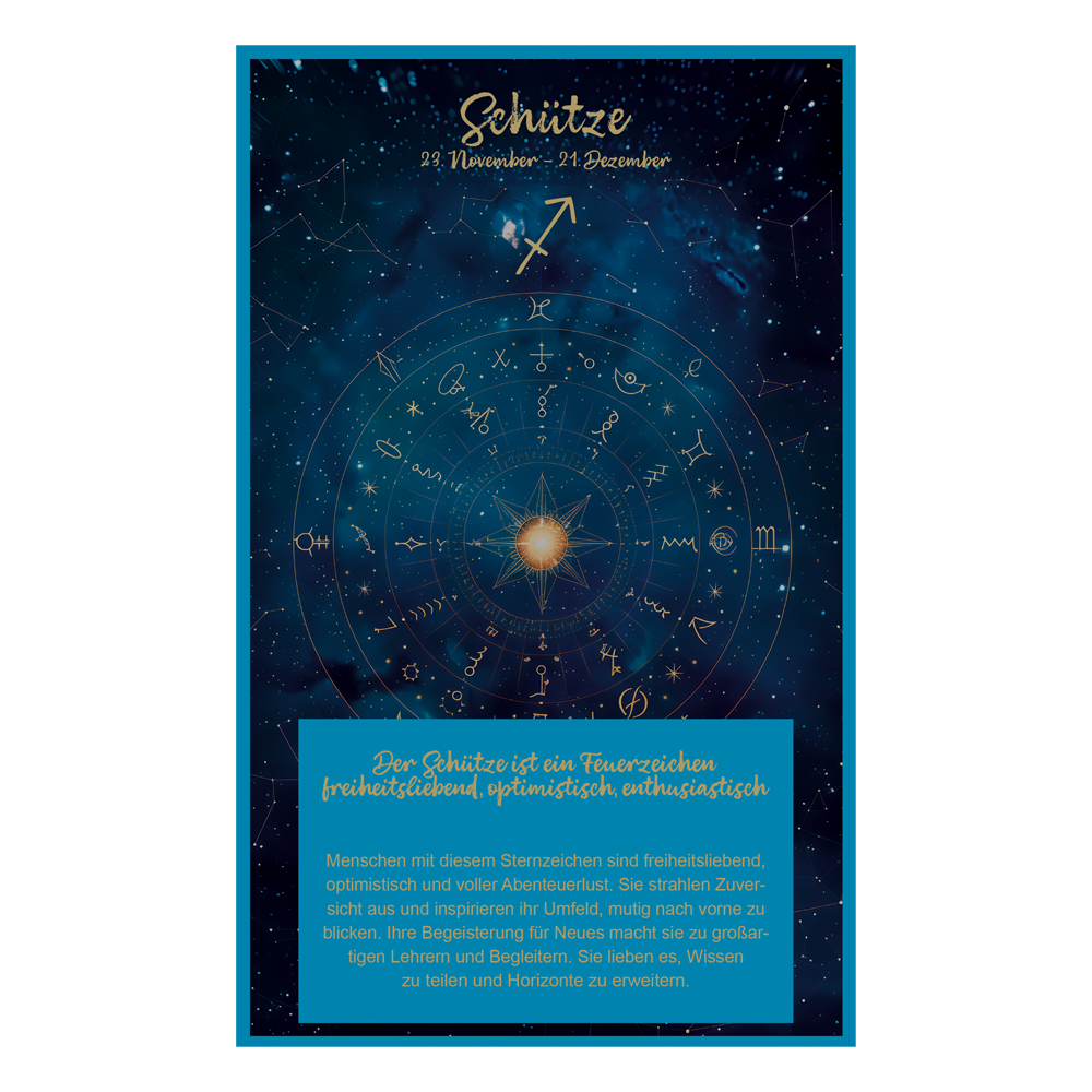 Rückseite der Infokarte mit astrologischen Symbolen und Eigenschaften als Fließtext