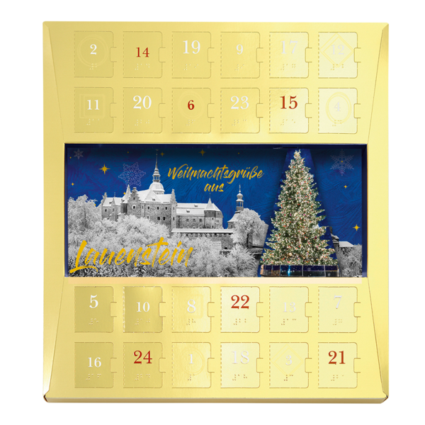 Goldener Lauensteiner Adventskalender mit verschneitem Burg-Motiv und Brailleschrift