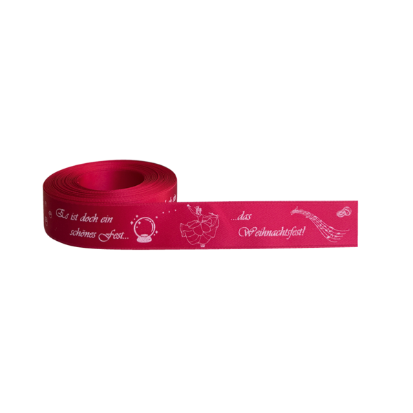 Rotes Geschenkband mit der Aufschrift Es ist doch ein schönes Fest... das Weihnachtsfest! und Motiven