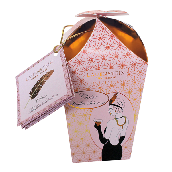 Rosa Lauenstein Cocktail-Ballotin Claire mit elegantem Art-déco-Motiv und Anhänger