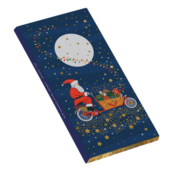 Dunkelblaue Schokoladentafel-Verpackung von Turnowsky mit Weihnachtsmann auf Fahrrad, Geschenken und goldenen Sternen