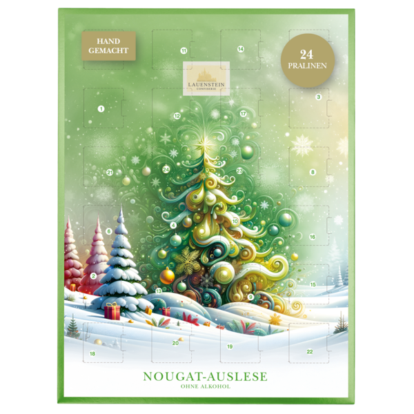 Grüner Adventskalender mit festlichem Weihnachtsbaum, verschneiter Winterlandschaft und 24 Türchen
