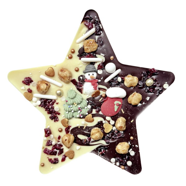 Handgemachter Schokoladenstern aus Zartbitter- und weißer Schokolade mit Nüssen und weihnachtlichen Zuckerfiguren