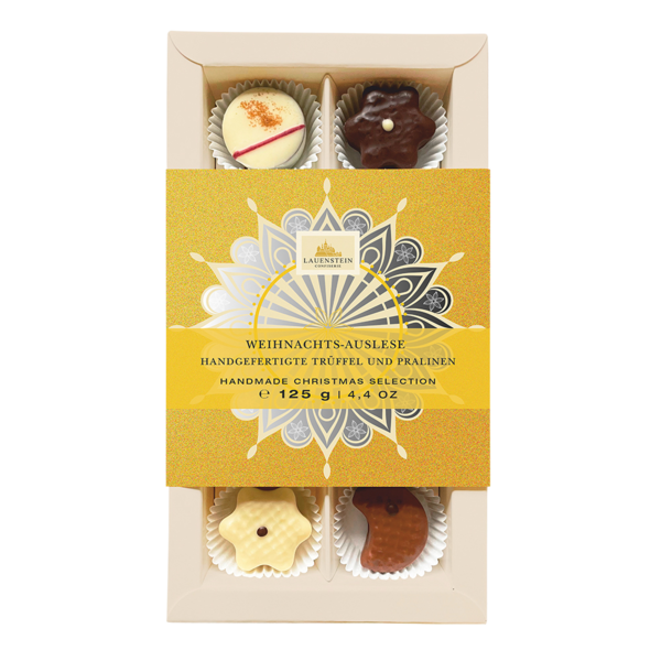 Lauensteiner Weihnachts-Klarsichtpräesent 125g mit goldener Banderole und 10 handgefertigten Pralinen und Trüffeln
