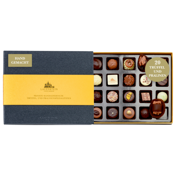 Geöffnete schiefergraue Lauensteiner Pralinenschachtel mit goldener Banderole und 20 handgefertigten Pralinen