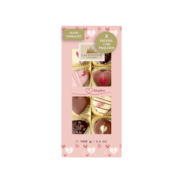 Lauensteiner rosa Pralinenschachtel Herzklopfen mit Sichtfenster auf acht edle Herz-Pralinen