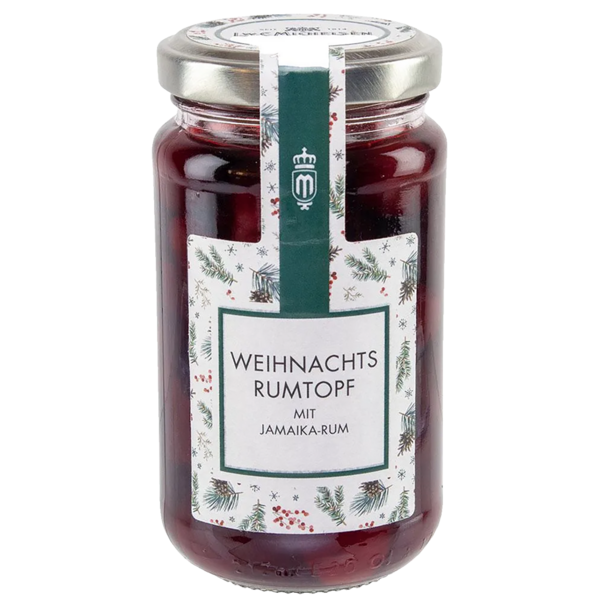 L.W. C. Michelsen Weihnachts-Rumtopf mit Jamaika-Rum im Glas mit festlichem Etikett und winterlichem Tannenzweig-Muster