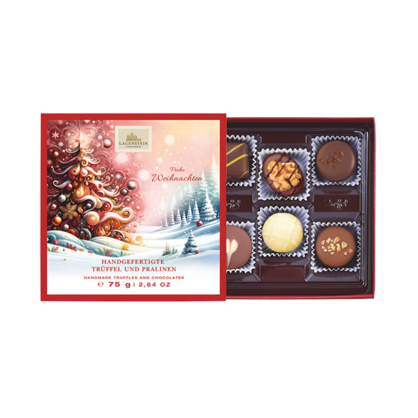 Geöffnete Lauenstein Geschenkpackung mit weihnachtlichem Einschieber und Aufschrift Frohe Weihnachten sowie 6 sortierten Pralinen
