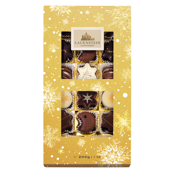 Lauensteiner Pralinenschachtel Weihnachts-Auslese in Gold mit Schneeflocken und 16 sichtbaren Pralinen