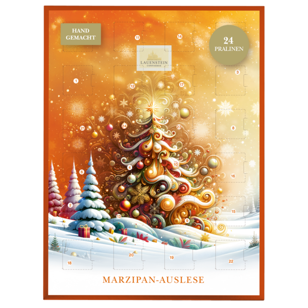 Orangefarbener Adventskalender mit festlichem Weihnachtsbaum, verschneiter Winterlandschaft und 24 Türchen